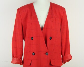 Vintage Power Blazer 90s Shoulder Pads Double Breasted Power Shoulder Oversized Blazer Boxy 1990s Amanda Smith Red Black Pockets Grid Print