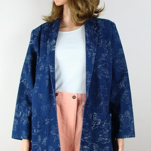 Vintage Denim Blazer 80s Floral Print Jean Jacket Filenes Boston Size 6 Long Sleeve Shoulder Pads