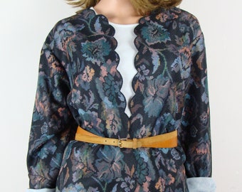 Vintage Floral Jacket 80s Oversized Blazer Open Front Layering Piece Scalloped Edge Long Sleeve Dark Floral Cardigan