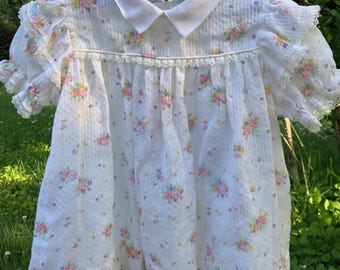 Vintage Baby Dress Floral Print 70s Lace Trim 18 Months