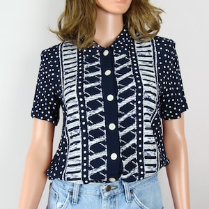 Vintage Mixed Print Top 90s Short Sleeve Button Down Shirt Tiki Style Blouse Polka Dots Abstract Tribal Print Safari Shirt 80s Lightweight