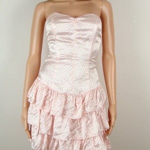 Vintage Party Dress 80s Pink Tiered Ruffle Bow Back Ditsy Floral Print Strapless Sweetheart Neckline Coquette Girly Flirty Prom Dress 1980s