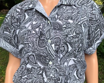Vintage Paisley Bandana Print Button Down Shirt Short Sleeve Christina