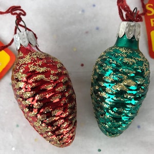 Vintage Christmas Ornaments 60s Pine Cones Set of 2 Small Mercury Glass Hand Painted Glitter Retro Kitsch Festive Classic Rustic