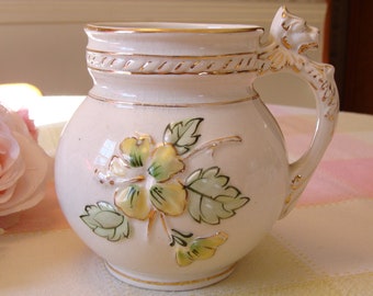 Vintage Shaving Mug Gilded Trim Hibiscus Lion Handle Early 1900s Vessel Antique Vase Pretty Unique Home Decor