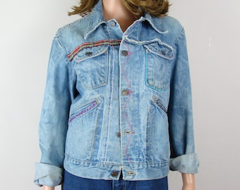 Vintage Denim Jacket 90s Embellished Custom Jean Jacket OOAK Distressed Decorated Customized Elbow Pads Colorful Stitching Studs Lace Plaid