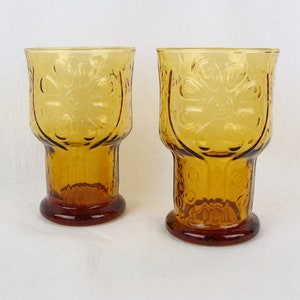 Vintage Libbey Country Garden Daisy Glasses 70s Amber Colored Glass Set of 2 Retro Drinking Glasses 1970s Spring Summer