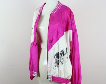 Vintage Windbreaker Jacket 80s Neon Pink Everlast Warm Up Cycling Jacket 90s Varsity Style Lightweight Nylon Jacket Colorblock Bright Cool