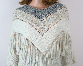 Vintage Fringe Sweater 80s Textured Knit Mariea Kim Batwing Sleeve 1980s Mixed Yarn Western Statement Cozy Unique Bohemian