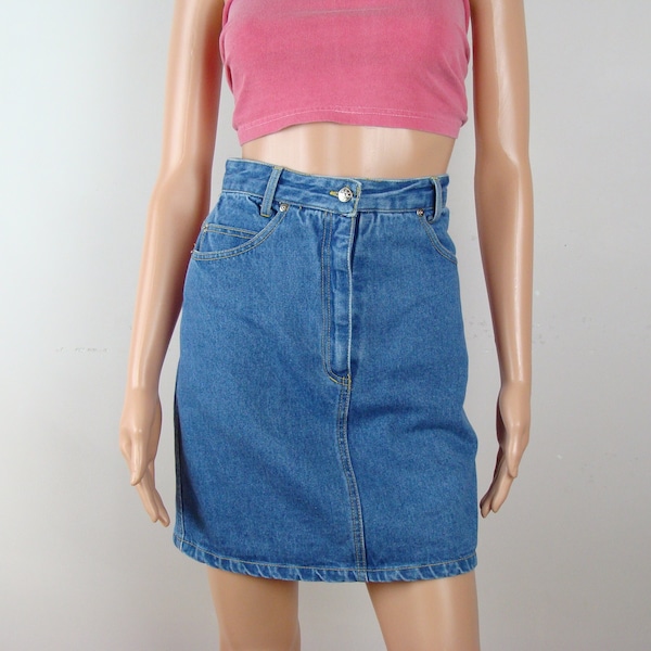 Vintage Jean Skirt 90s High Waisted Above the Knee Length Medium Wash Denim Pencil Skirt Trend Basics Cotton Size 5 Classic Simple Chic