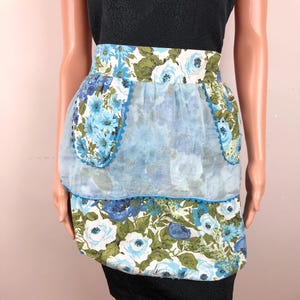 Vintage Apron 60s Floral Print Hostess Sheer Organza Blue Green Tie Back