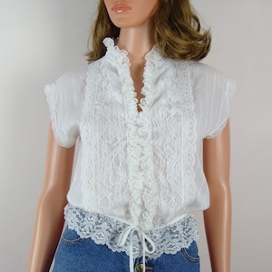 Vintage Prairie Blouse 70s White Lace Trim High Neck Ruffle Shirt Lightweight Sheer Romantic Top Leslie Ann Fashions Bohemian