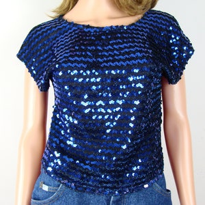 Vintage Sequin Top 70s Glitter Shirt Disco Glam Metallic Tinsel Top Short Sleeve Cropped Sparkly Glam Blue Black Flashy Fabulous 80s Party