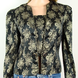 Vintage Metallic Blazer 80s Black and Gold Removable Modesty Panel Floral Brocade Puff Sleeve Glam Jacquard Statement Blazer Patra Size 5/6