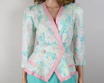 Vintage Floral Blazer 80s Pastel Peplum Ruffle Puff Sleeve Jacket