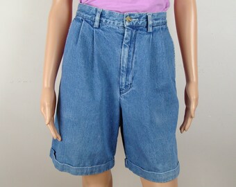 Vintage Trouser Shorts 90s Eddie Bauer Cuffed Denim Bermuda Shorts Longline Jean Shorts Pleated Classic Fit Cotton Size 10