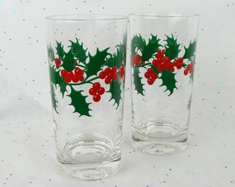 Vintage Christmas Glasses Set of 2 Holly Tumblers Red Green Festive