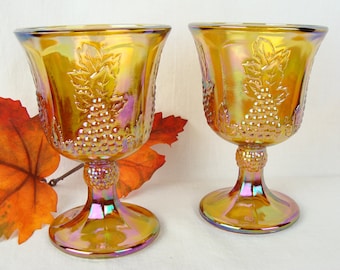 Vintage Indiana Glass Goblets Set of 2 Iridescent Carnival Glass Harvest Grape 70s Amber Marigold