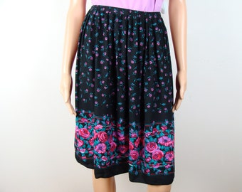 Vintage Floral Print Skirt 80s Bohemian Elastic Waist A-line Knee Length Skirt Flowy Peasant Skirt Babushka Scarf Style Print Size 12