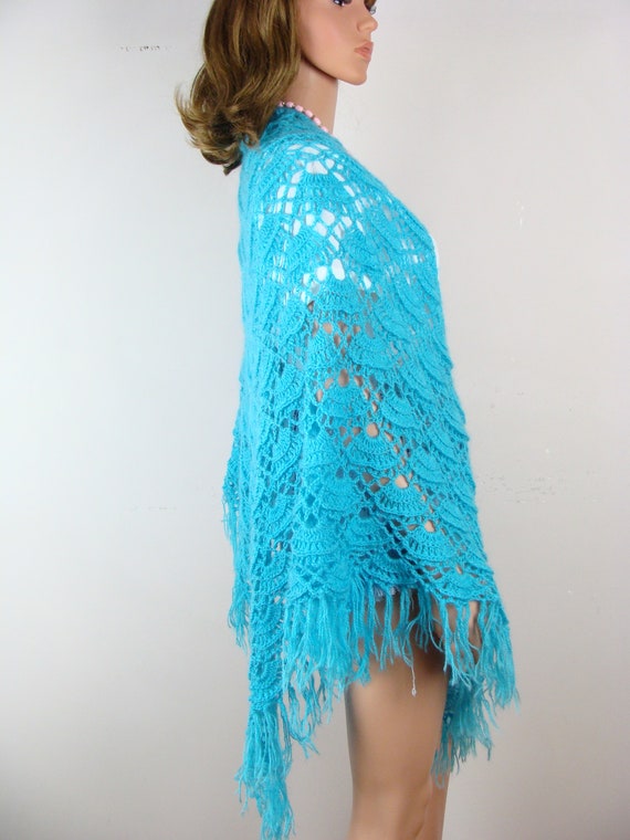 Vintage Crochet Shawl 70s Handmade Turquoise Blue… - image 6