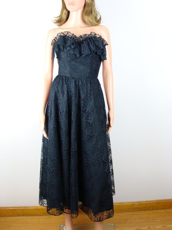 Vintage Black Lace Party Dress 80s does 50s Strap… - image 2