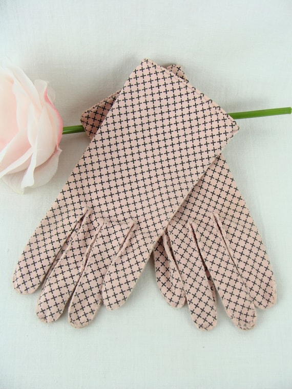 Vintage Hermes Gloves 50s Pink Black "X" Cross Le 