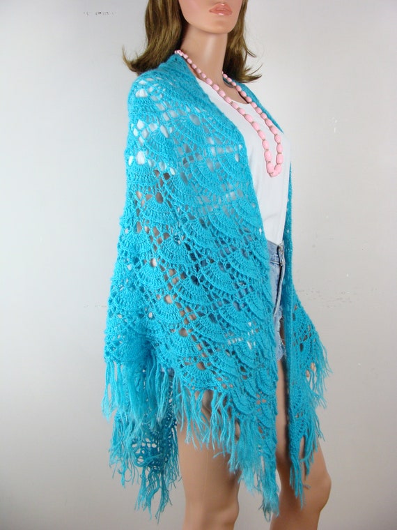Vintage Crochet Shawl 70s Handmade Turquoise Blue… - image 4