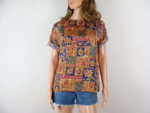 Vintage Printed Blouse 90s Silky Short Sleeve Box… - image 8