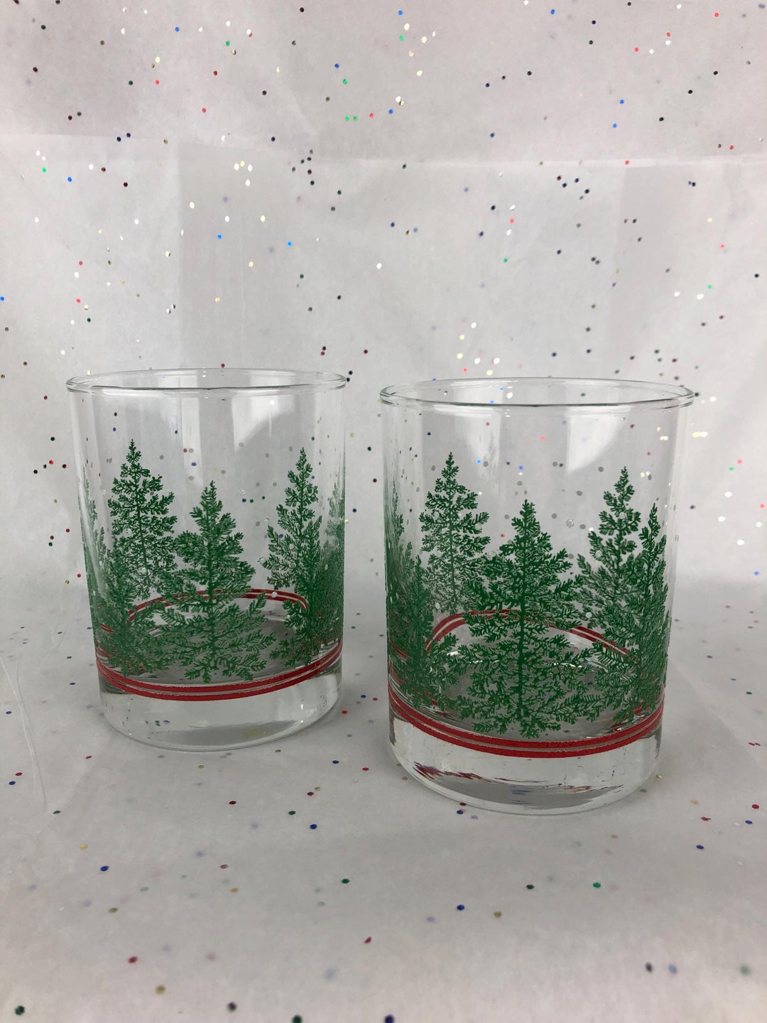 Snow Fox Rocks Glass Set Vintage Christmas Glasses Trees Snow Set of 2 Double Old Fashioned ...