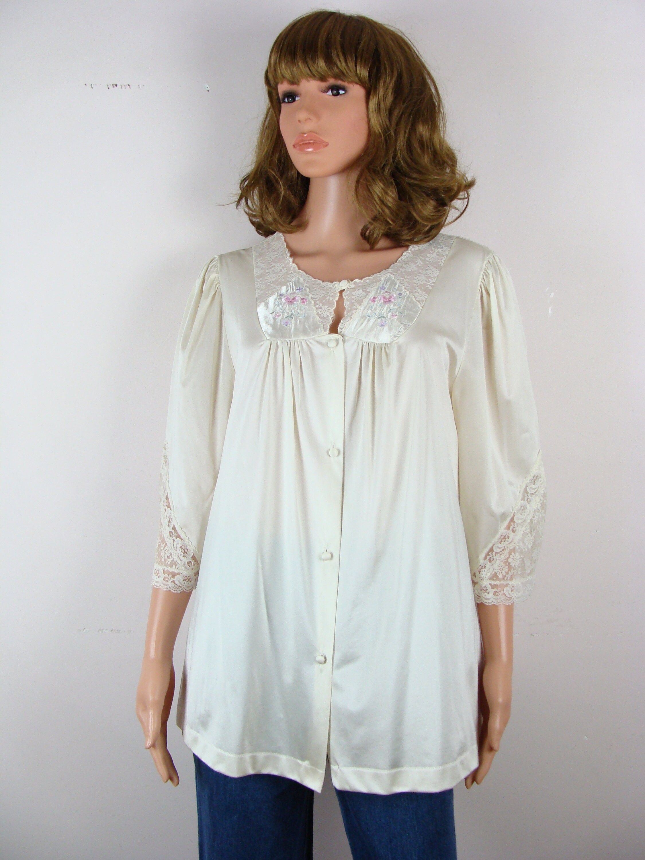 トップス 60~70s Bielefelder Pajama shirt Vintage Embroidered Lingerie Top 70s Lace Trim Prairie Top