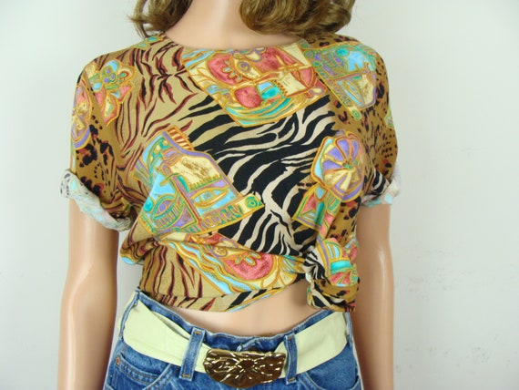 Vintage Mixed Print Blouse 80s Animal Print Tropi… - image 4