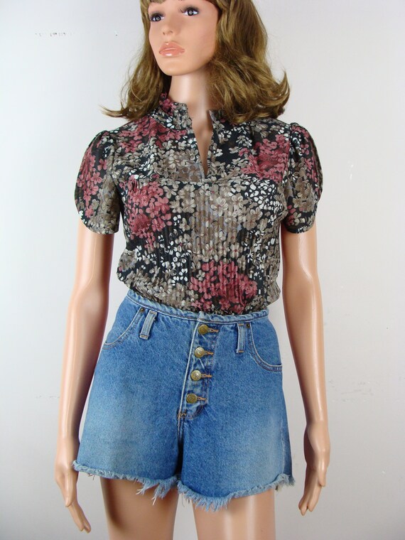 Vintage Floral Print Top 70s Petal Sleeve Pleated… - image 10