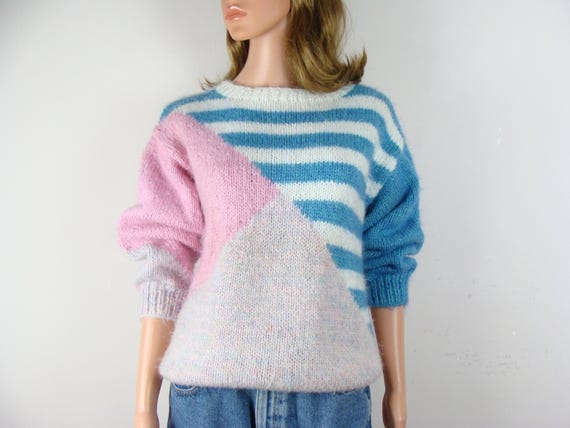 Vintage Fuzzy Sweater 80s Pastel Colorful Fun Retro Warm