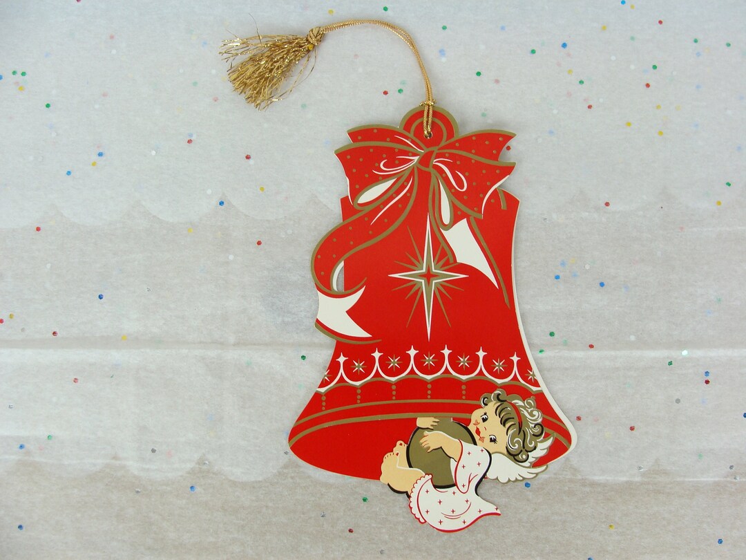 Vintage Christmas Card Ornament 50s Bell Angel Moveable Etsy