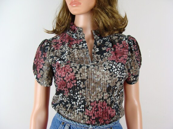 Vintage Floral Print Top 70s Petal Sleeve Pleated… - image 2