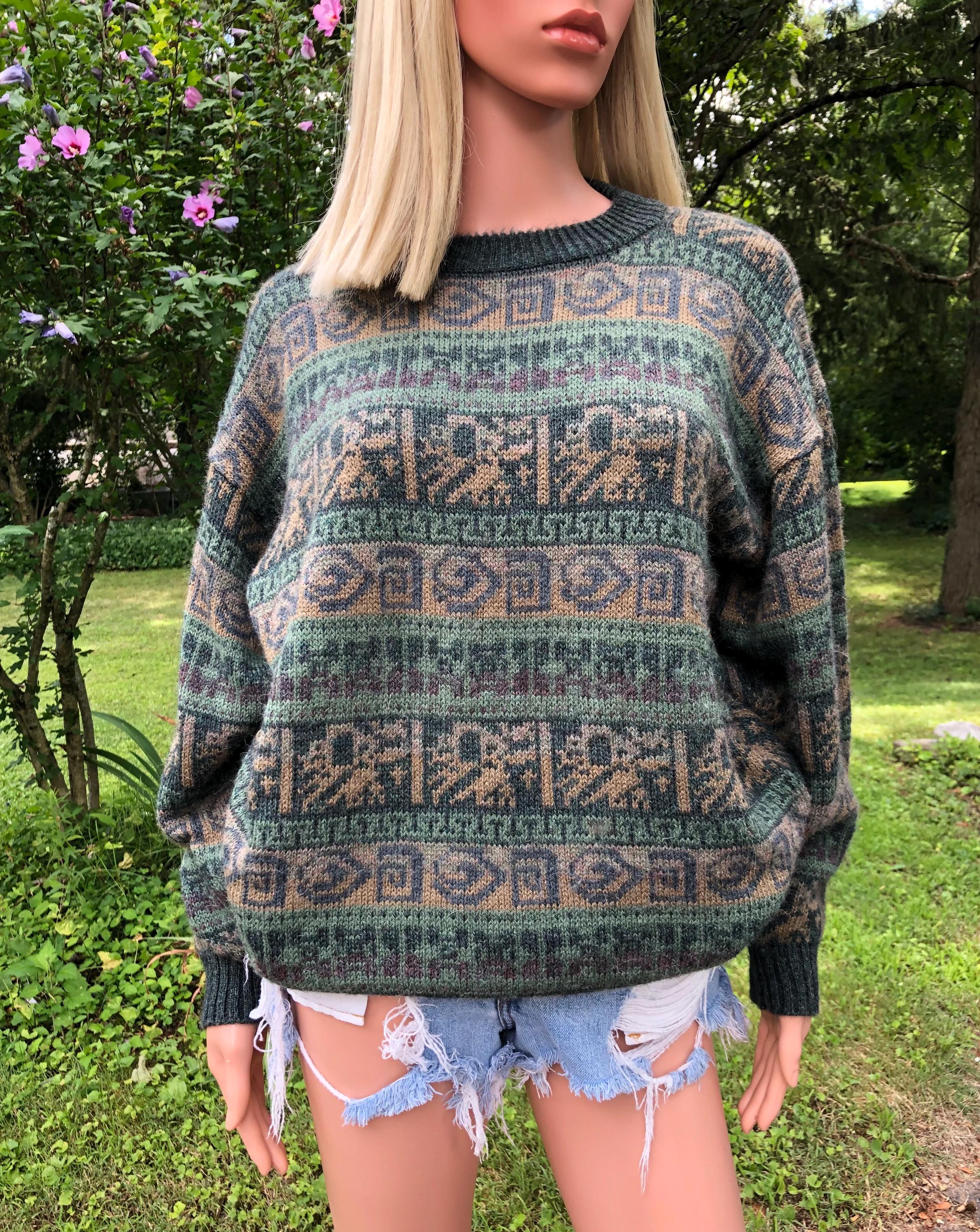 トップス 90s Native pattern alpaca knit sweater Oversized 90s Unisex Sweater, Cozy and Chunky Knit Pullover