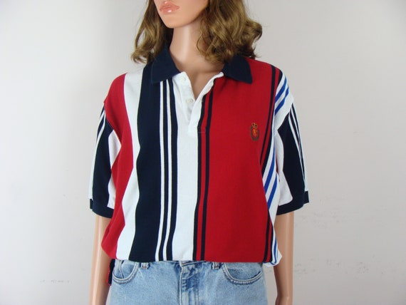 Vintage Chaps Ralph Lauren Oversized Polo Shirt 90s Striped Cotton Top 1990s  Size Medium Preppy Classic Red White Blue Black RL Cool 