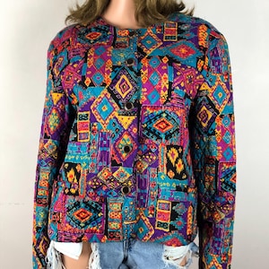 Vintage Quilted Jacket Blazer Southwestern Tribal Print Colorful Boston Traveler Made in USA Maximalist Statement Piece Long Sleeve