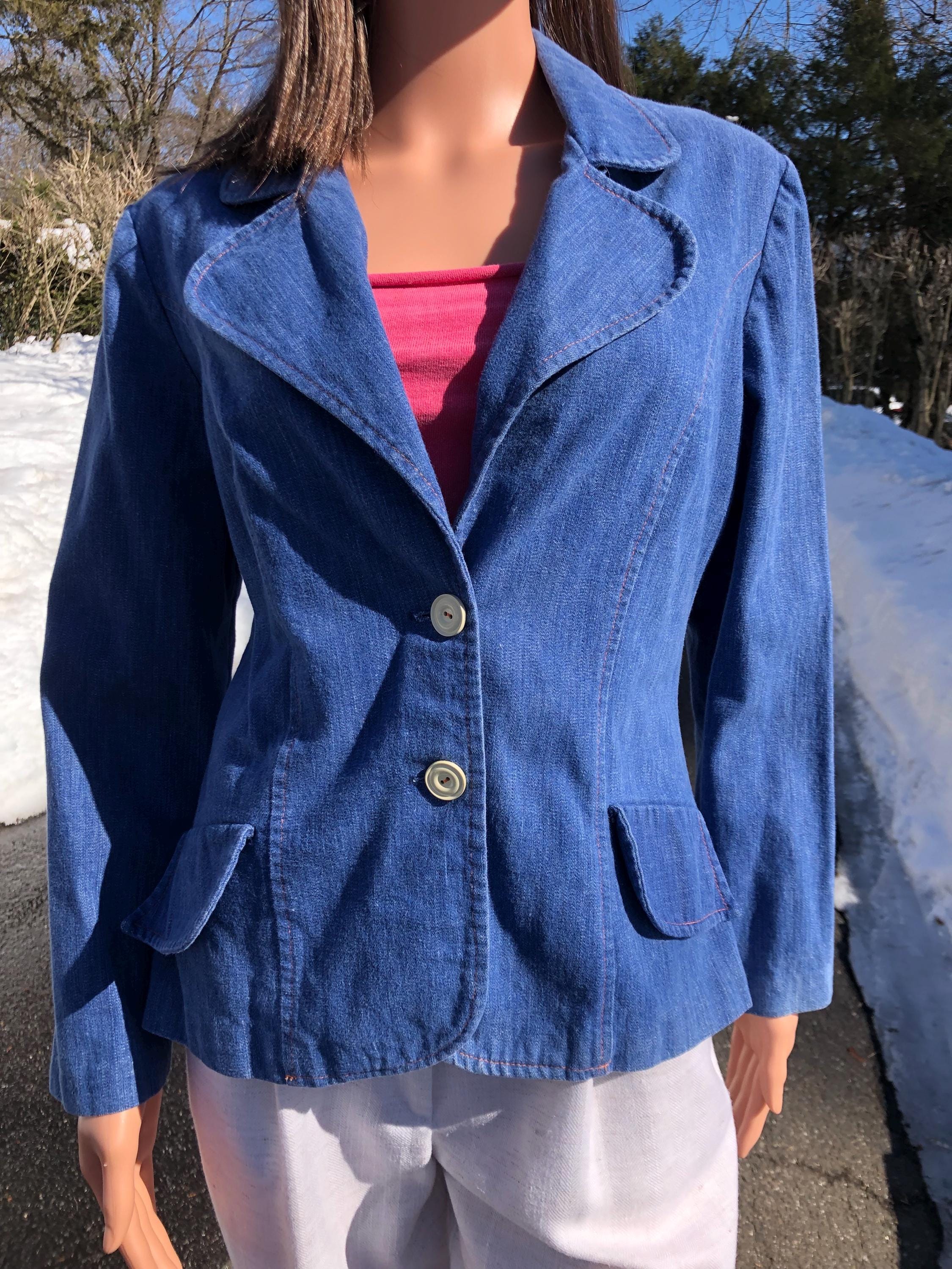 Sears Roebuck, Vintage Denim Blazer 70s Sears Jr Bazaar Fitted Jacket Medium Wash