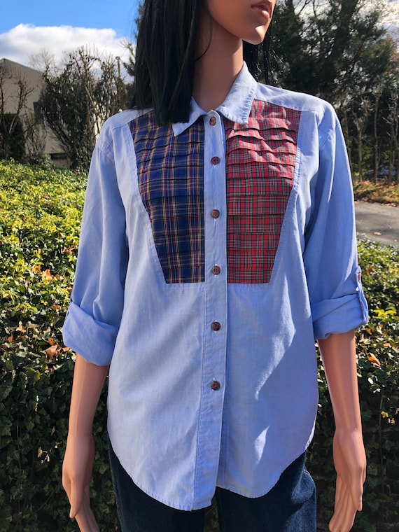 Vintage Patchwork Button Down Shirt 70s Plaid Cha… - image 1