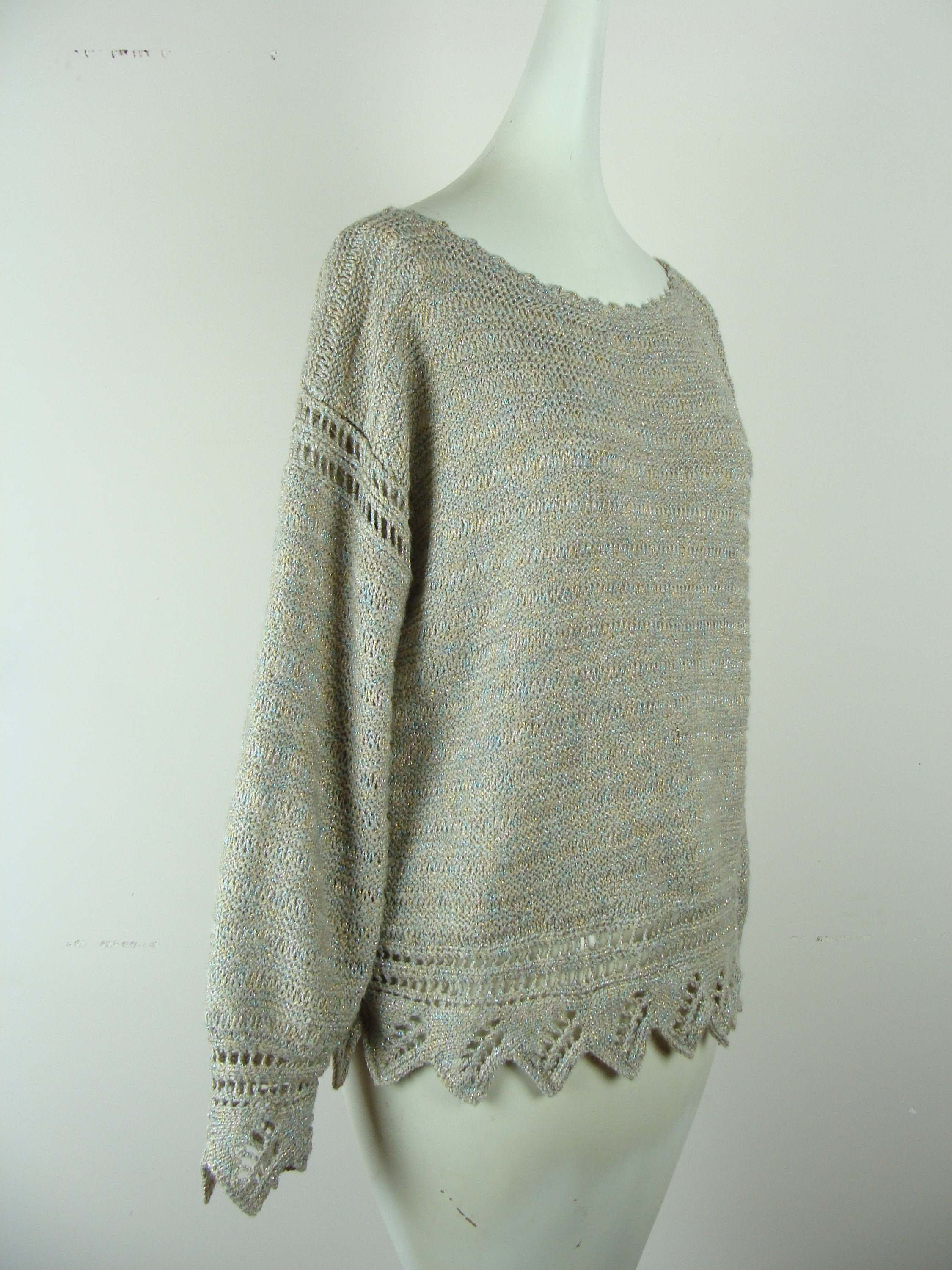 Vintage Lurex Sweater 70s Hand Knit Cut Out Pointelle Trim | Etsy
