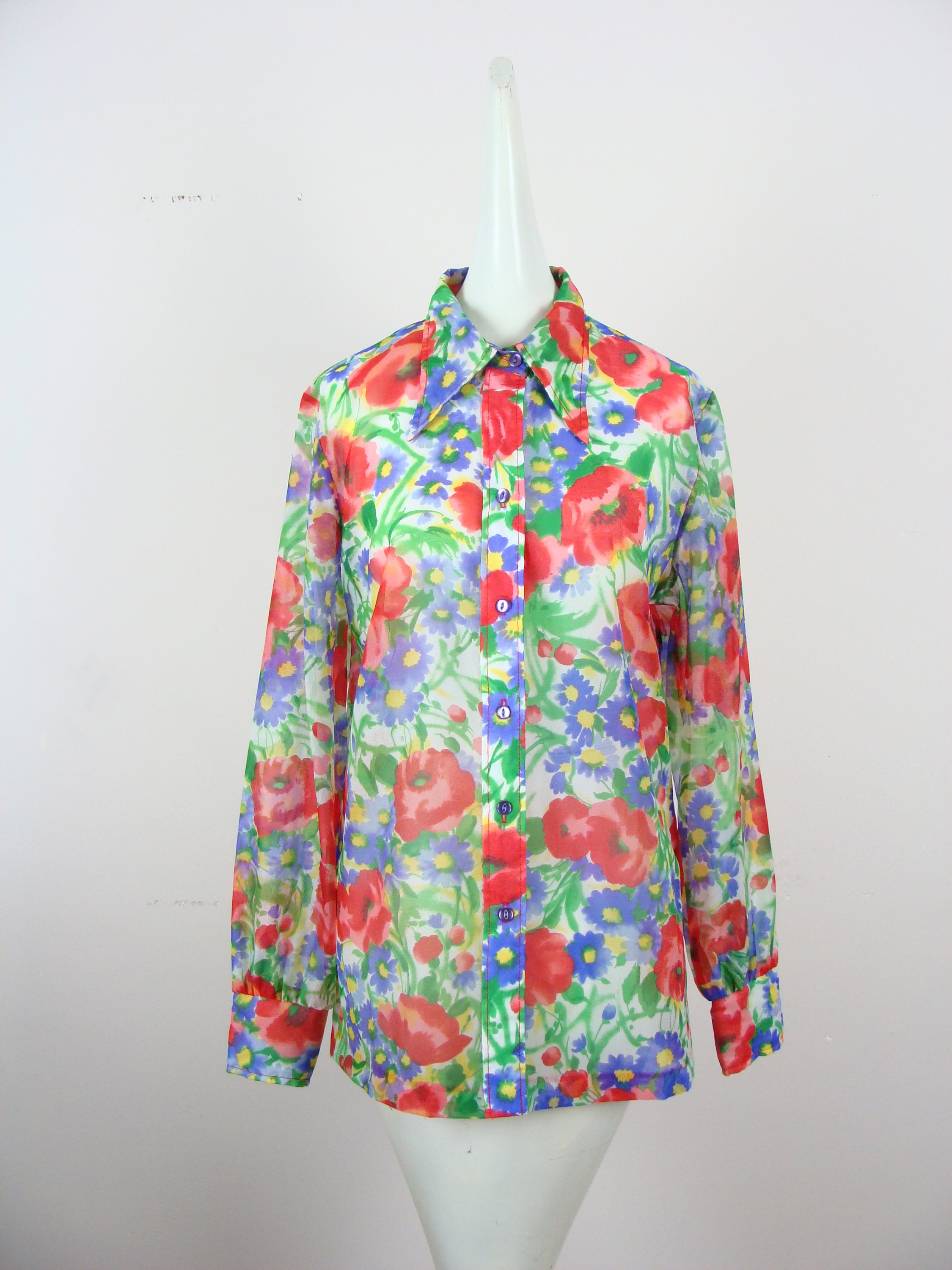 Vintage Sheer Blouse 70s Disco Collar Floral Print Chiffon | Etsy