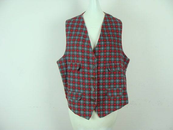 Vintage Flannel Vest 70s Plaid Red Reversible Ves… - image 3