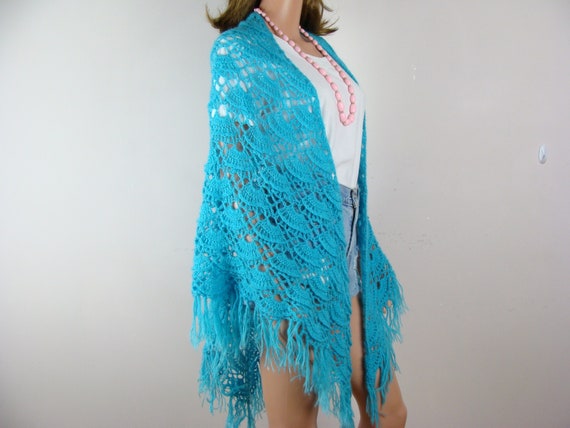 Vintage Crochet Shawl 70s Handmade Turquoise Blue… - image 1