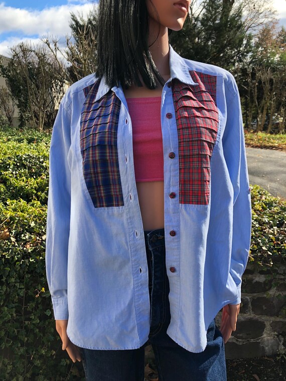 Vintage Patchwork Button Down Shirt 70s Plaid Cha… - image 12