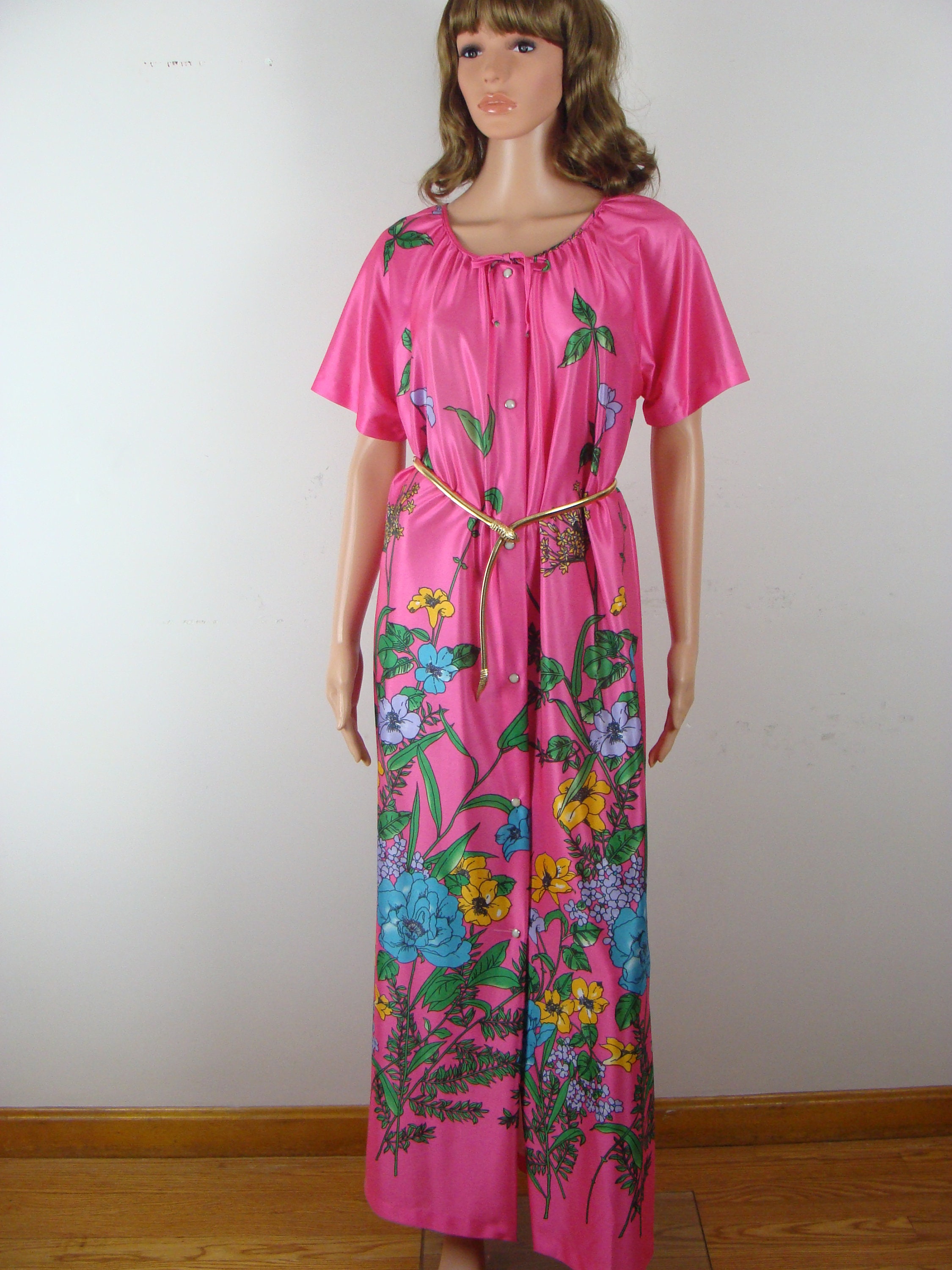 Vintage Housecoat Robe 60s Maxi Hostess Dress Flowy Bright | Etsy
