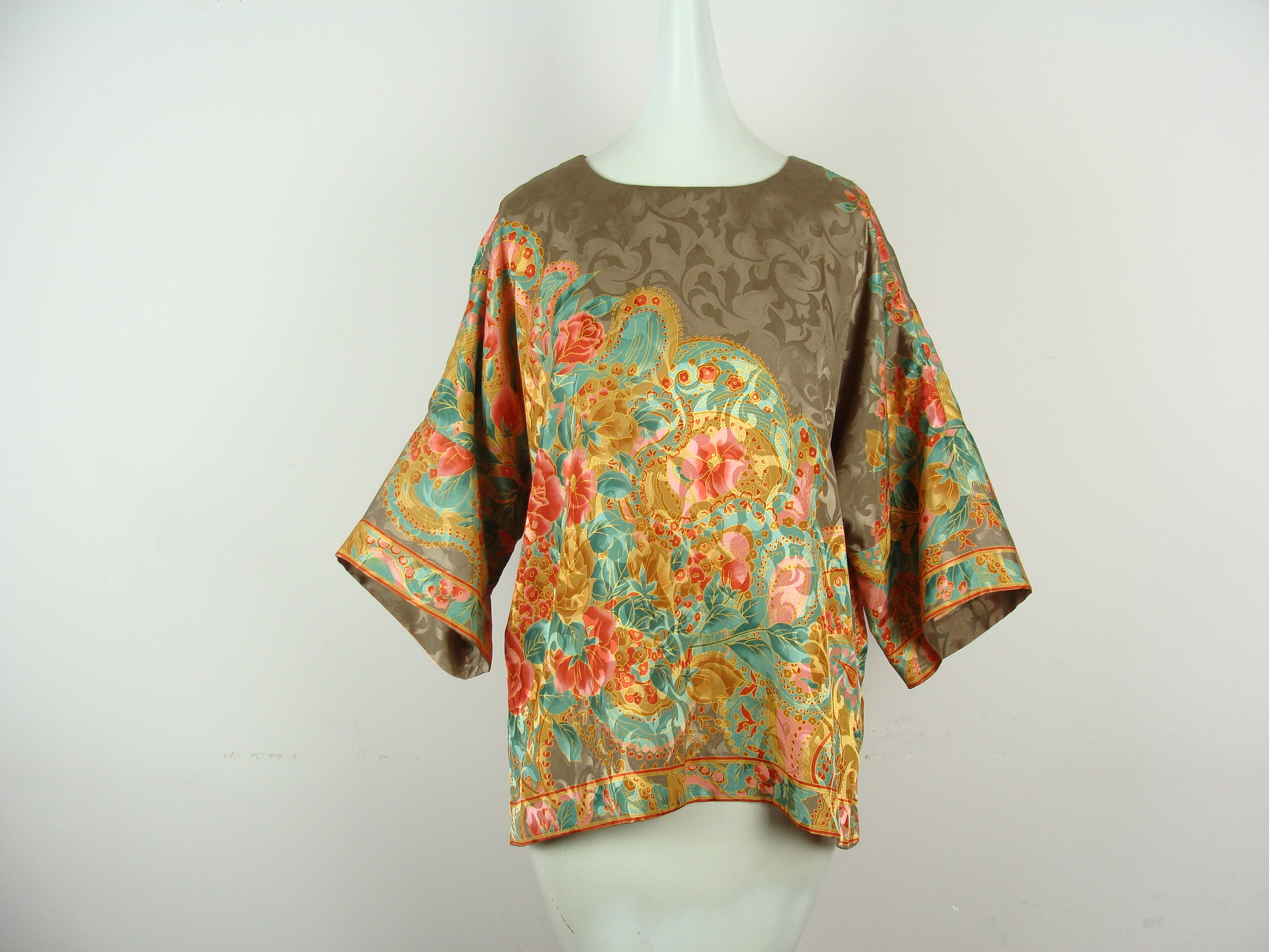 Vintage Kimono Top 80s Kaftan Blouse Floral 1980s Silky Floral | Etsy