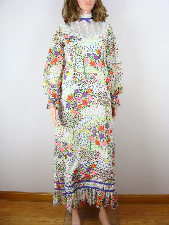 Vintage Prairie Dress 60s Poet Sleeve Maxi Colorf… - image 4