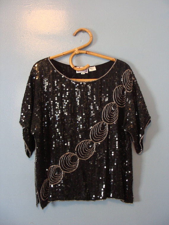 Vintage Sequin Top 70s Disco Glam Silk Flashy Fabulous 1970s