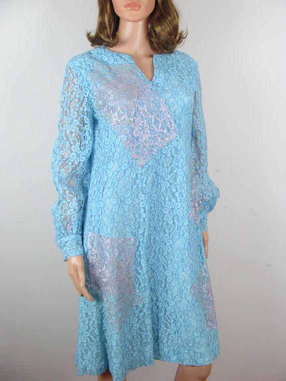 Vintage Lace Dress 60s Long Sleeve Pastel Patchwo… - image 8